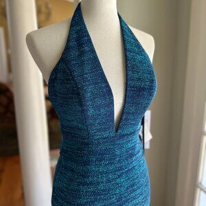 Jovani Peacock Blue Glitter Halter Neck Cocktail Dress - NWT - Size 00